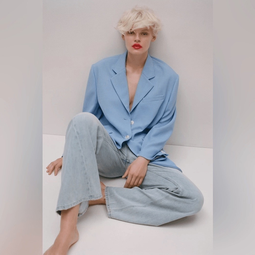 Anthropologie Maeve Oversized Blue Blazer Shoulder Pad Size XS/S - Picture 2 of 16